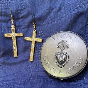 Virgins Saints & Angels Gold Cross Dangle Earrings with Case
